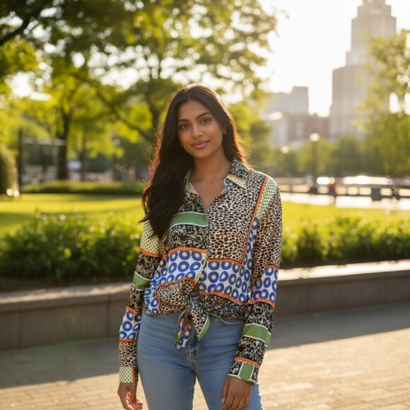 Kaktus XL Patchwork Print Button Front Tie Blouse - Picture 8 of 8